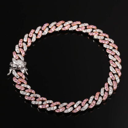 Bracelet 9mm Iced Out Rose Gold Silver Color Cuban Link With White & Pink Cubic Zirconia Jewelry