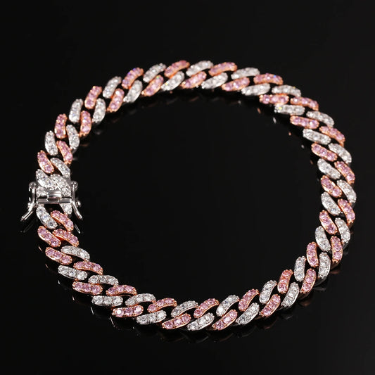 Bracelet 9mm Iced Out Rose Gold Silver Color Cuban Link With White & Pink Cubic Zirconia Jewelry