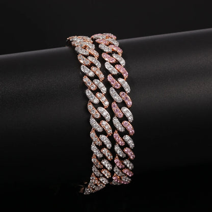 Bracelet 9mm Iced Out Rose Gold Silver Color Cuban Link With White & Pink Cubic Zirconia Jewelry