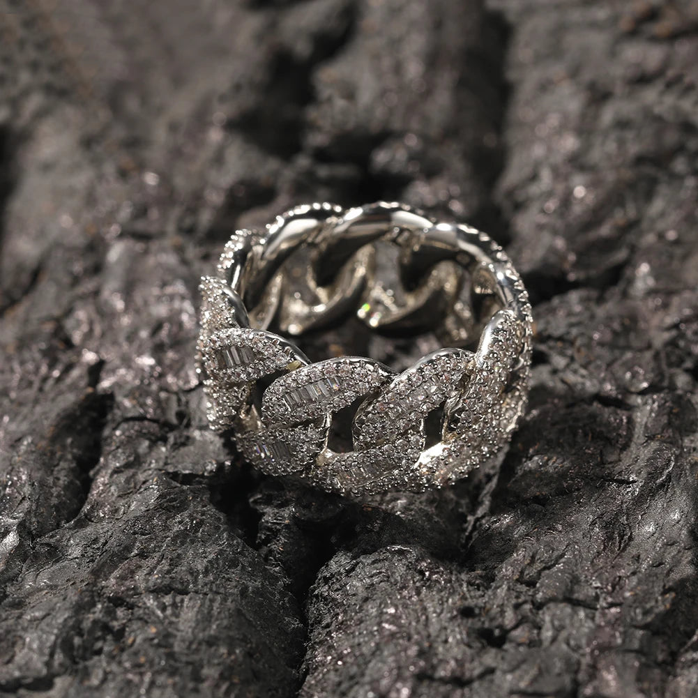 Cuban Link Rings Iced Out Baguettes Ring Zircon Silver Color Ring Jewelry