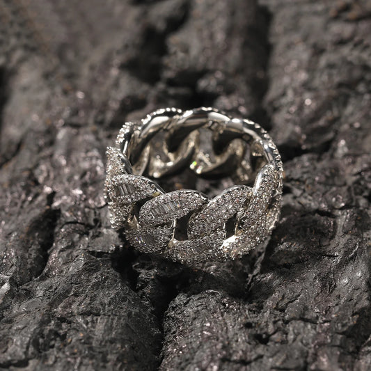 Cuban Link Rings Iced Out Baguettes Ring Zircon Silver Color Ring Jewelry