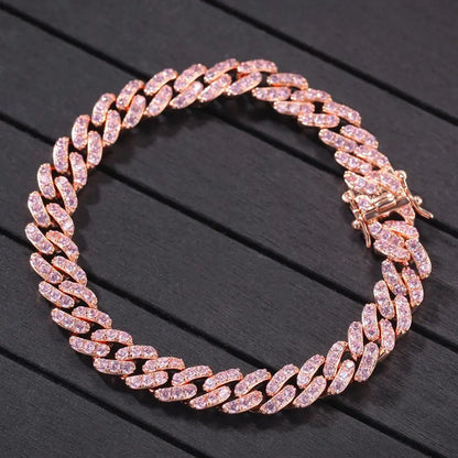 Bracelet 9mm Iced Out Rose Gold Silver Color Cuban Link With White & Pink Cubic Zirconia Jewelry