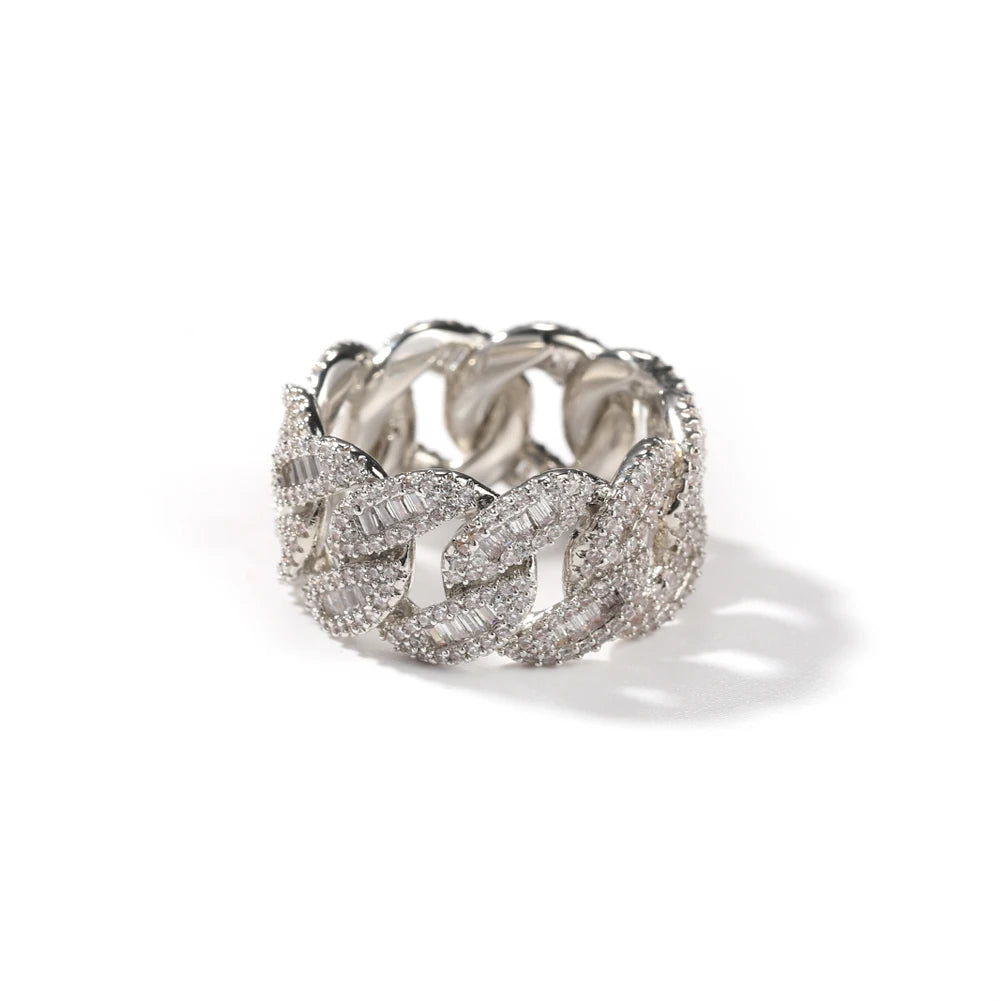 Cuban Link Rings Iced Out Baguettes Ring Zircon Silver Color Ring Jewelry