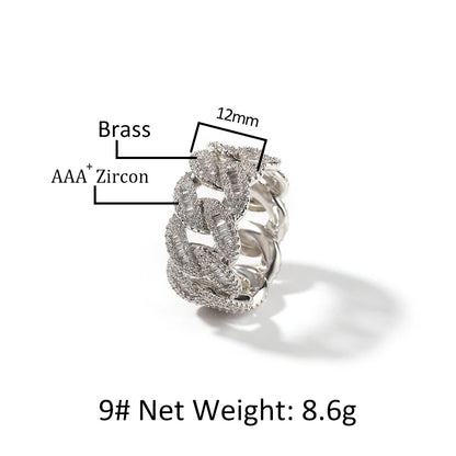 Cuban Link Rings Iced Out Baguettes Ring Zircon Silver Color Ring Jewelry