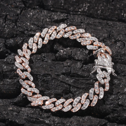 Bracelet 9mm Iced Out Rose Gold Silver Color Cuban Link With White & Pink Cubic Zirconia Jewelry