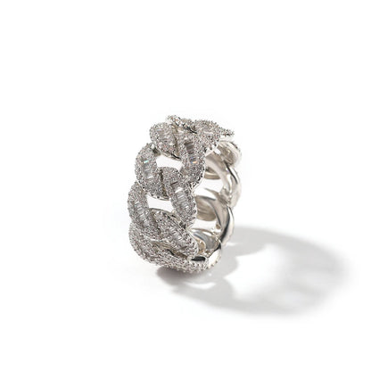 Cuban Link Rings Iced Out Baguettes Ring Zircon Silver Color Ring Jewelry