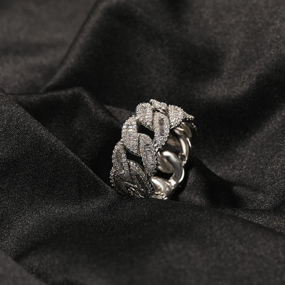 Cuban Link Rings Iced Out Baguettes Ring Zircon Silver Color Ring Jewelry