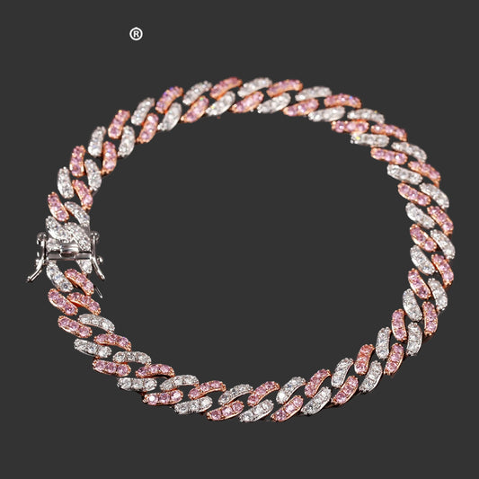 Bracelet 9mm Iced Out Rose Gold Silver Color Cuban Link With White & Pink Cubic Zirconia Jewelry