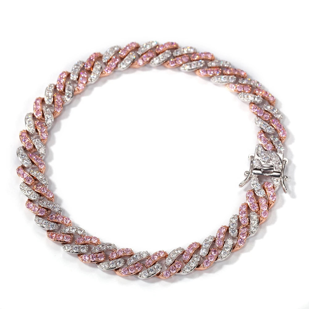 Bracelet 9mm Iced Out Rose Gold Silver Color Cuban Link With White & Pink Cubic Zirconia Jewelry