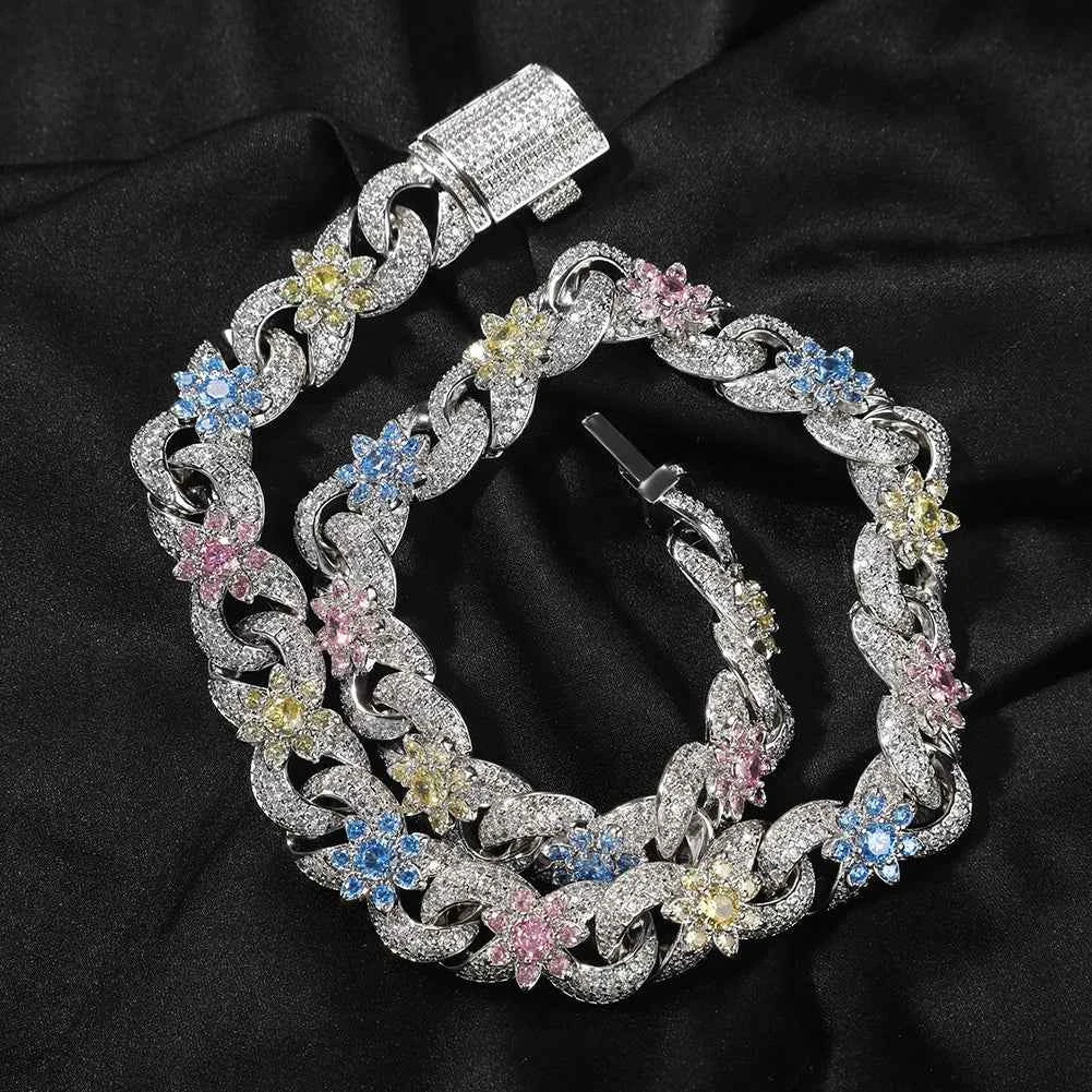 Colorful Flowers Cuban Chain Necklaces for Women Men CZ Infinity Chain Bracelets