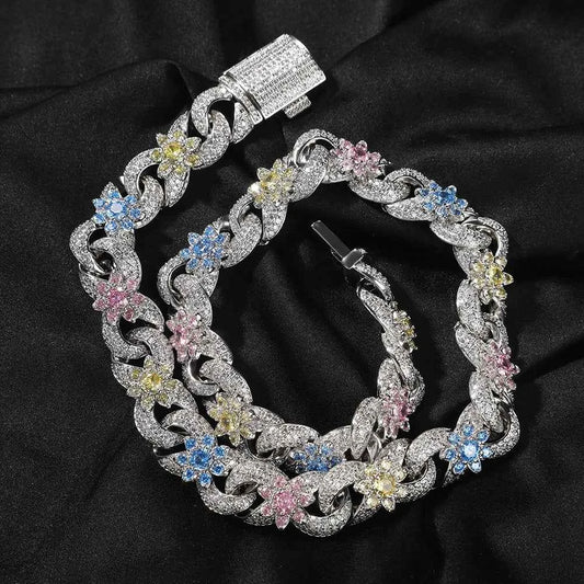 Colorful Flowers Cuban Chain Necklaces for Women Men CZ Infinity Chain Bracelets
