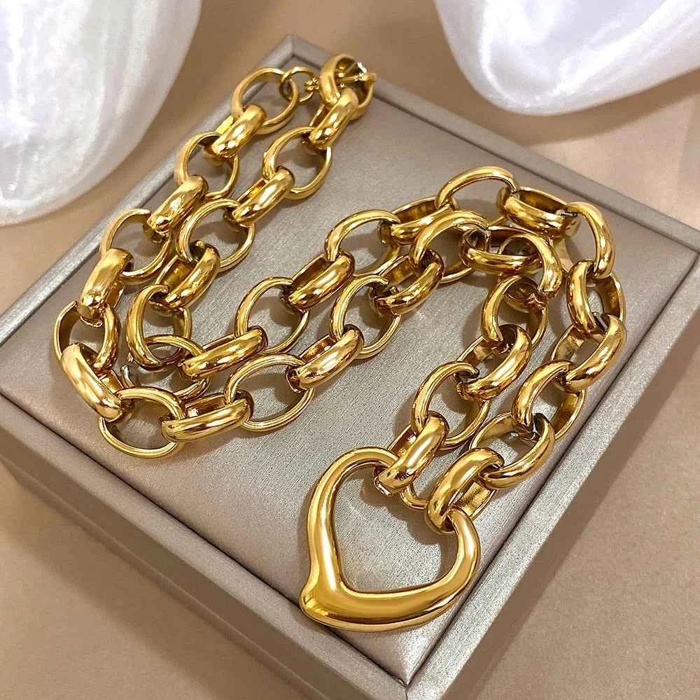 Golden Stainless Steel Irregular Hollow Heart Pendant Necklace