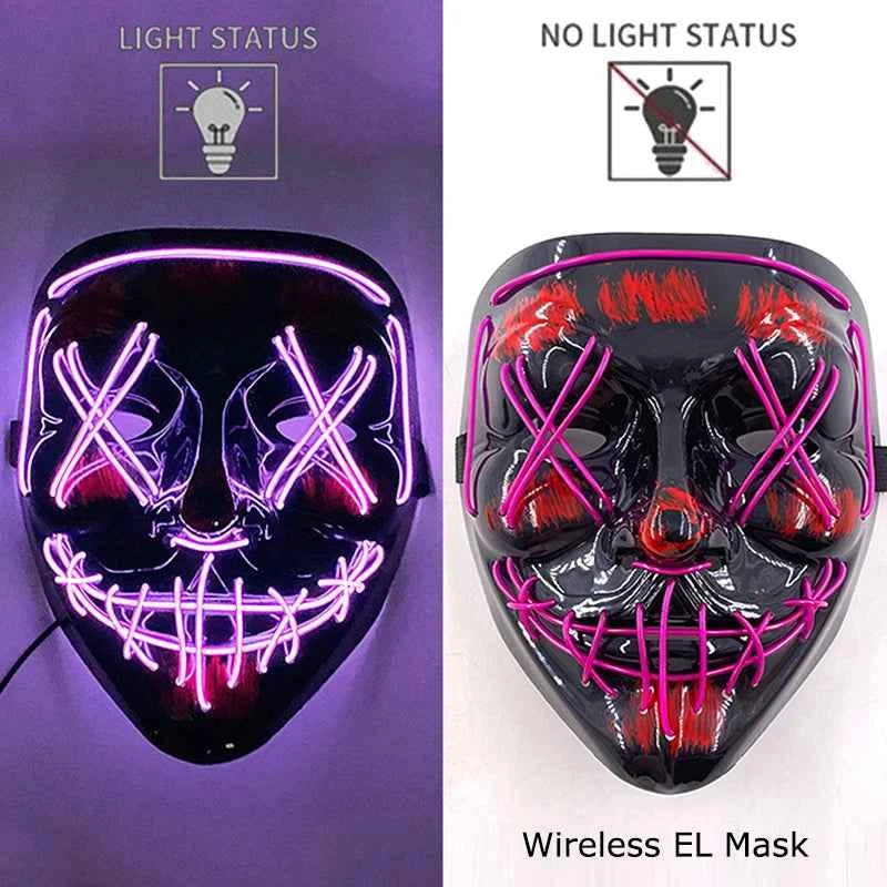 Neon LED Halloween Purge Mask Wireless Masquerade Party Light-up Horror Mask Glowing Multicolor Full Face Adult Mask for Halloween