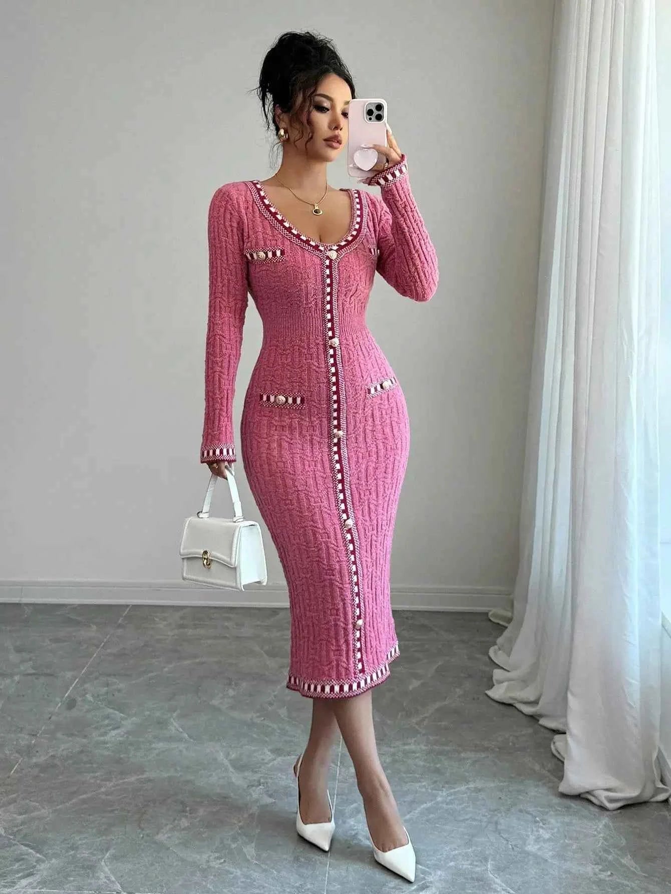 Pink Knit Long Sleeve Button-Up Dress