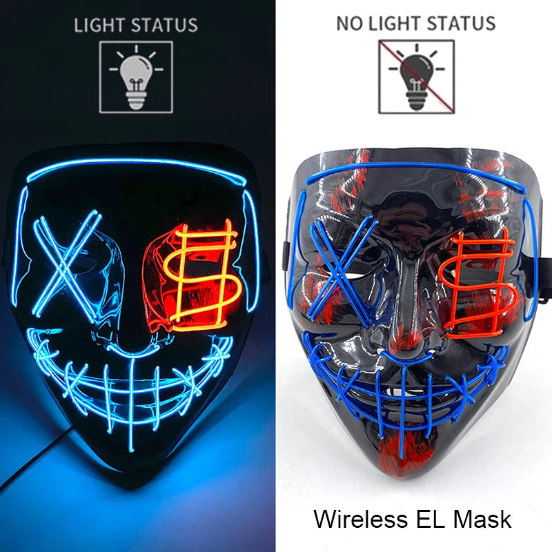 Neon LED Halloween Purge Mask Wireless Masquerade Party Light-up Horror Mask Glowing Multicolor Full Face Adult Mask for Halloween
