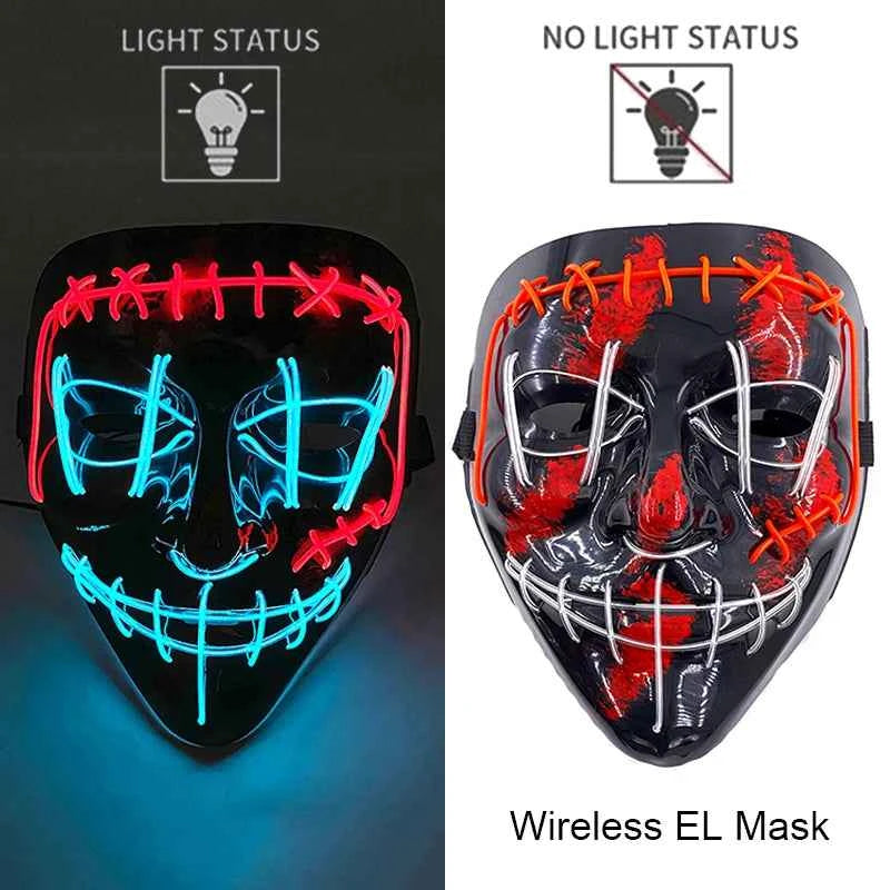 Neon LED Halloween Purge Mask Wireless Masquerade Party Light-up Horror Mask Glowing Multicolor Full Face Adult Mask for Halloween