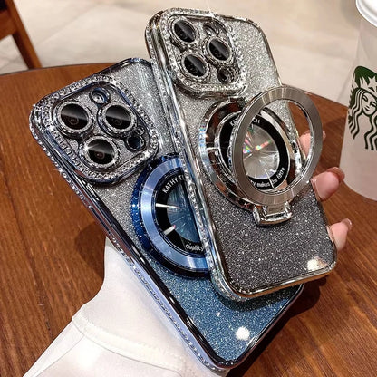 Glitter Diamond Luxury Plating Magsafe Stand Holder Soft Silicone Cover for iPhone Full Coverage Magnetic Case