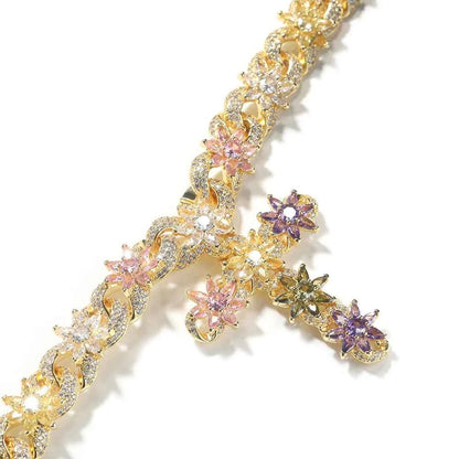 Colorful Flower Cuban Chain Full Paved Iced Out Bling Cubic Zirconia Cross Charms Baguette CZ Cuban Chain