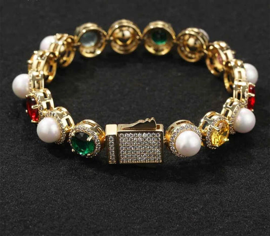 Iced Colorful CZ Chain Bracelets with Spring Clasp for Women Fashionable Round Cut Gemstones Necklaces Jewelry