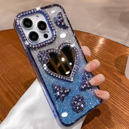 Bling Rhinestone Mirror Cover Case for iPhone 16 pro Max 15 plus Glitter Diamond Encrusted Butterfly Design Shockproof Anti-Knock