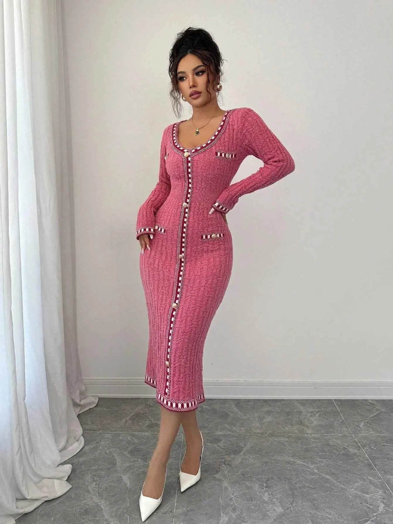 Pink Knit Long Sleeve Button-Up Dress