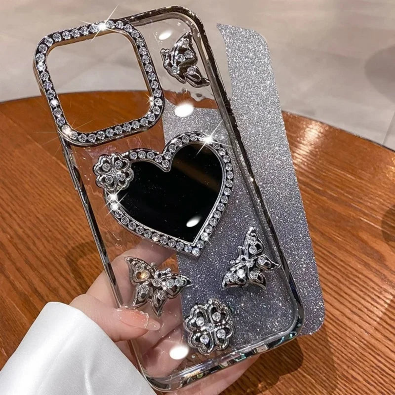 Bling Rhinestone Mirror Cover Case for iPhone 16 pro Max 15 plus Glitter Diamond Encrusted Butterfly Design Shockproof Anti-Knock