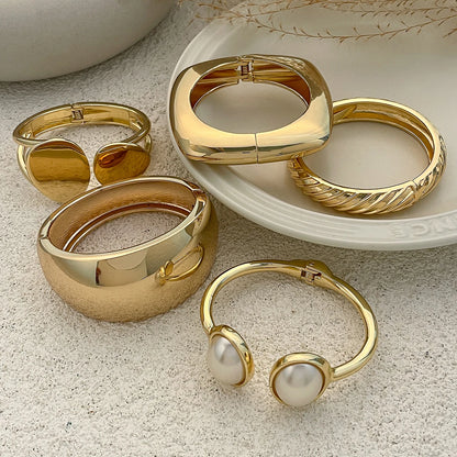 6 Styles Geometric Gold Color Cuff Spring Bangles Wide Hand Bracelets