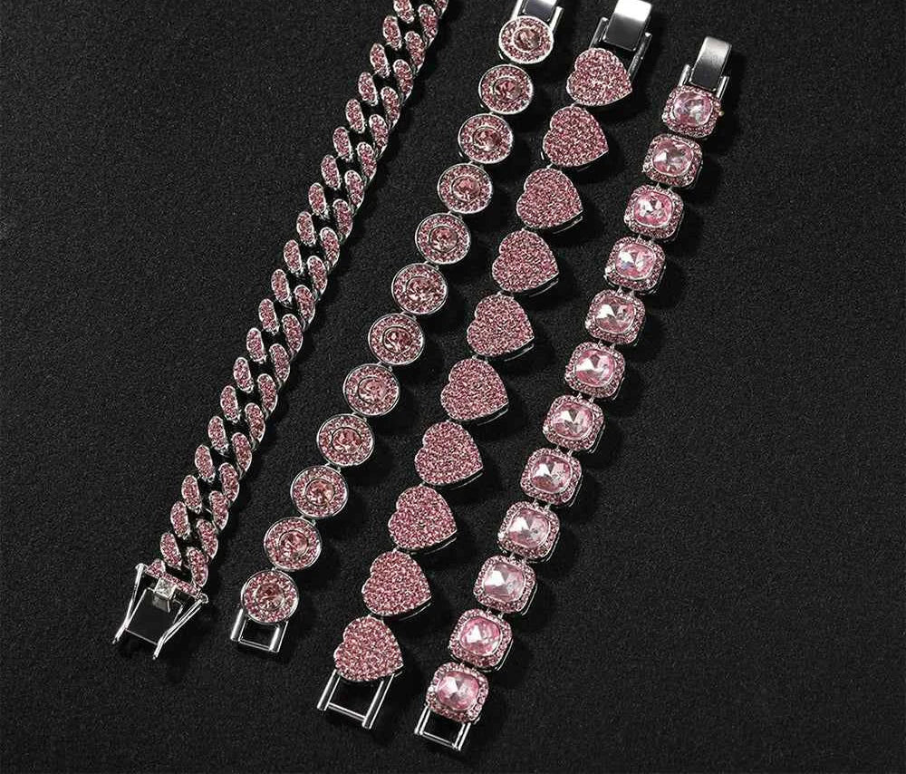 4 Pcs/Set Silver Pink Color Bracelets for Women 7/8 Inches Zinc Alloy Rhinestones Bracelets Set Heart/Round Shape Bracelets