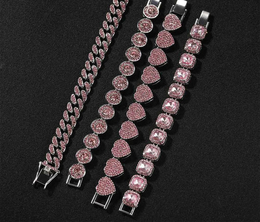 4 Pcs/Set Silver Pink Color Bracelets for Women 7/8 Inches Zinc Alloy Rhinestones Bracelets Set Heart/Round Shape Bracelets