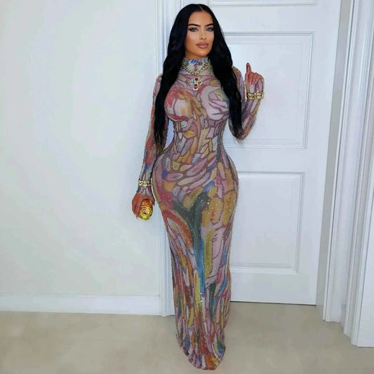 Long Sleeve Water-Media Net Diamond-Heated Party Gown