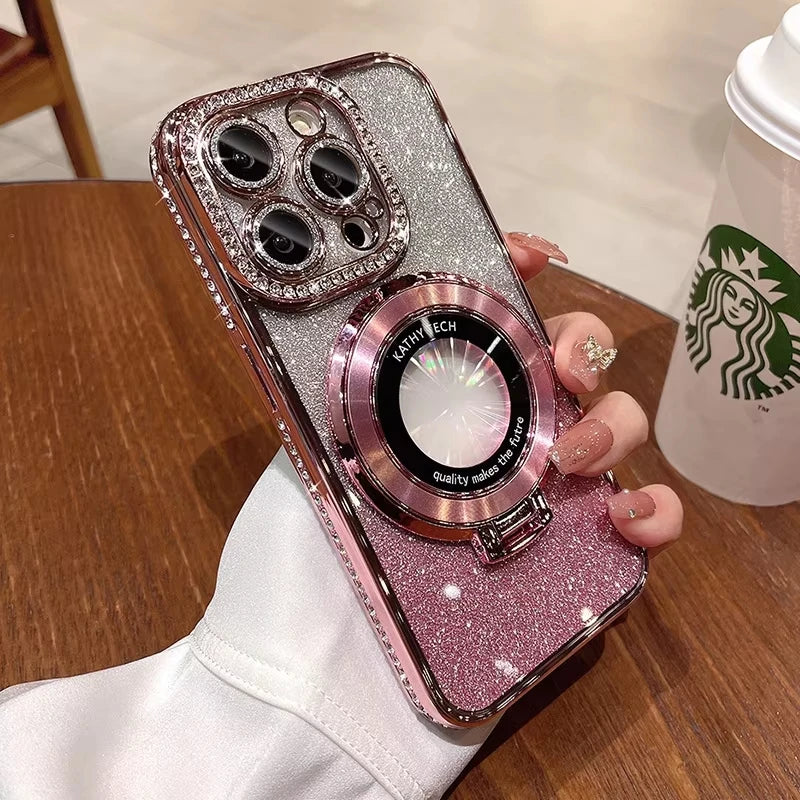 Glitter Diamond Luxury Plating Magsafe Stand Holder Soft Silicone Cover for iPhone Full Coverage Magnetic Case