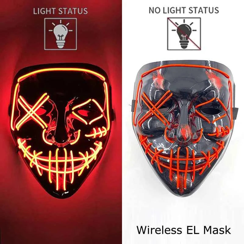 Neon LED Halloween Purge Mask Wireless Masquerade Party Light-up Horror Mask Glowing Multicolor Full Face Adult Mask for Halloween