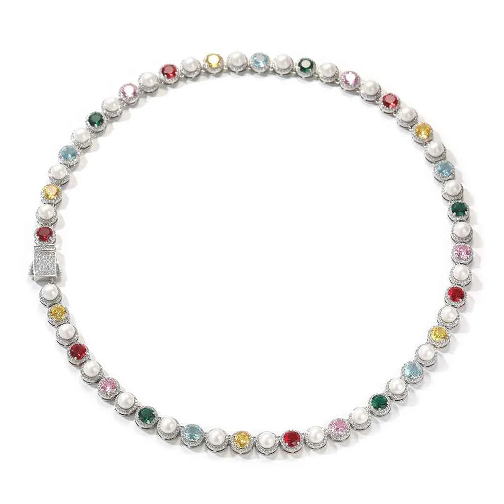 Iced Colorful CZ Chain Bracelets with Spring Clasp for Women Fashionable Round Cut Gemstones Necklaces Jewelry