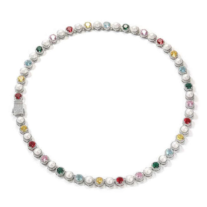 Iced Colorful CZ Chain Bracelets with Spring Clasp for Women Fashionable Round Cut Gemstones Necklaces Jewelry