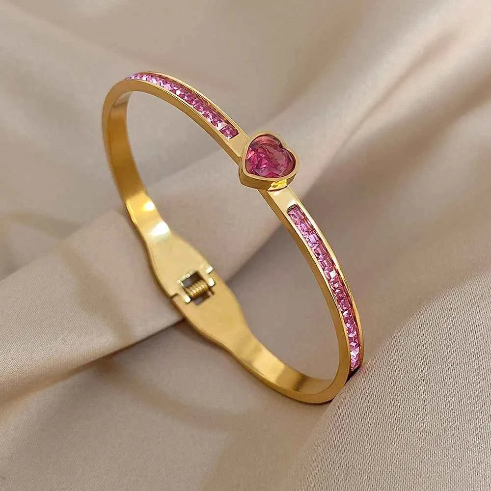 Pink Rhinestone Heart Charm Bracelet