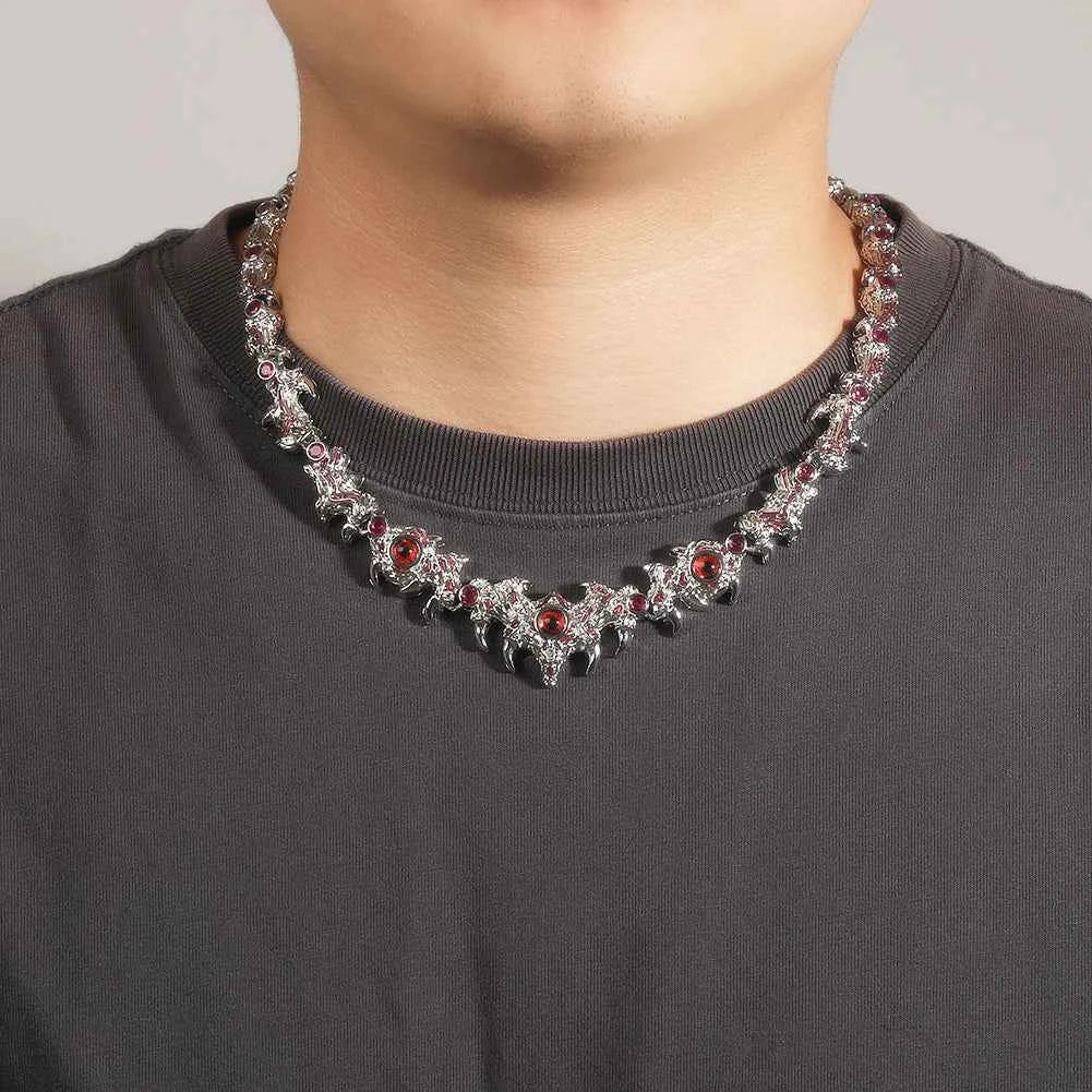 Red Eyes Necklaces for Men Iced Out Thrilled Claws Red Cubic Zirconia Chain Necklace