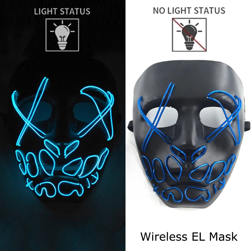 Neon LED Halloween Purge Mask Wireless Masquerade Party Light-up Horror Mask Glowing Multicolor Full Face Adult Mask for Halloween
