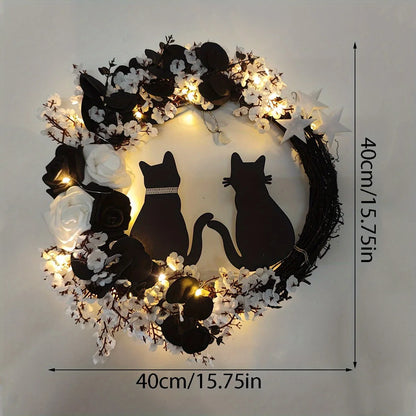 Black Cat Wreath Halloween Decor For Front Door/Window