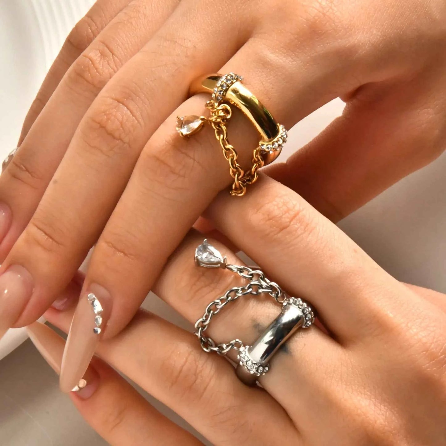 Stainless Steel 18k Gold Plated Tassel Drop Zircon Pendant Cz Stone Rings