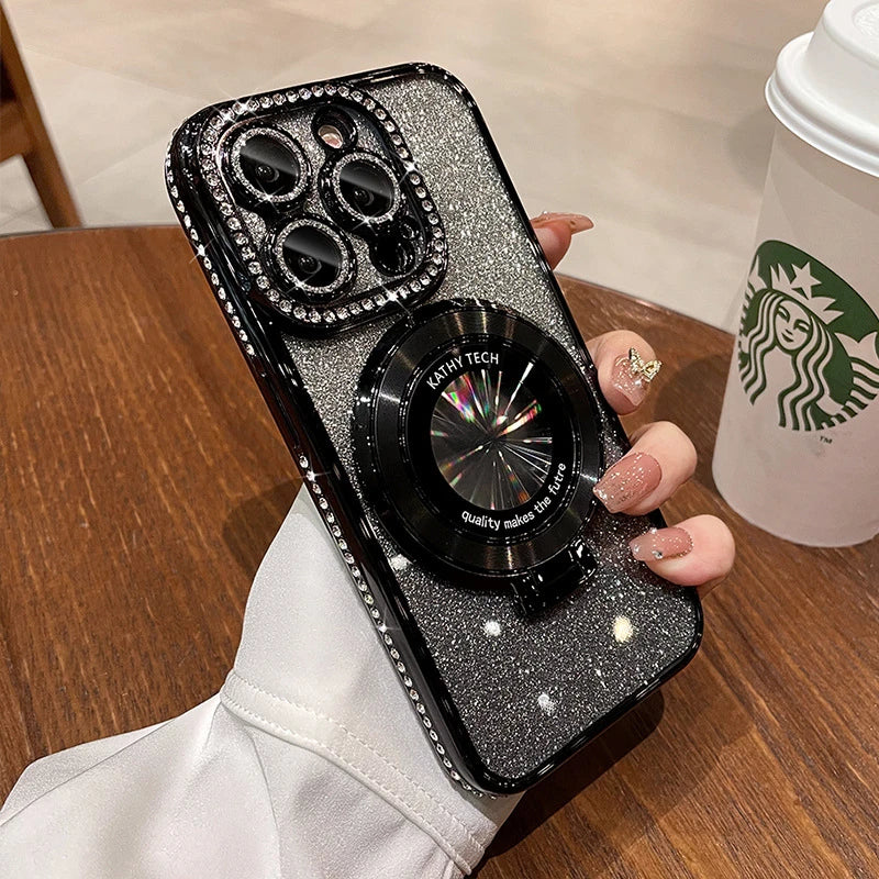 Glitter Diamond Luxury Plating Magsafe Stand Holder Soft Silicone Cover for iPhone Full Coverage Magnetic Case