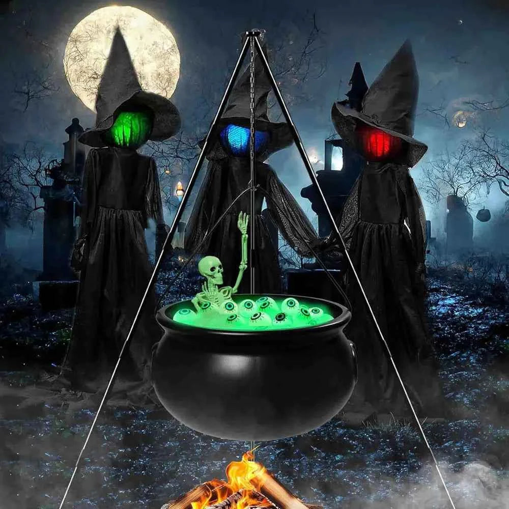 Halloween Witches Cauldron Decoration with Tripod Eyeballs String Lights And Skeleton for Yard Home Decor