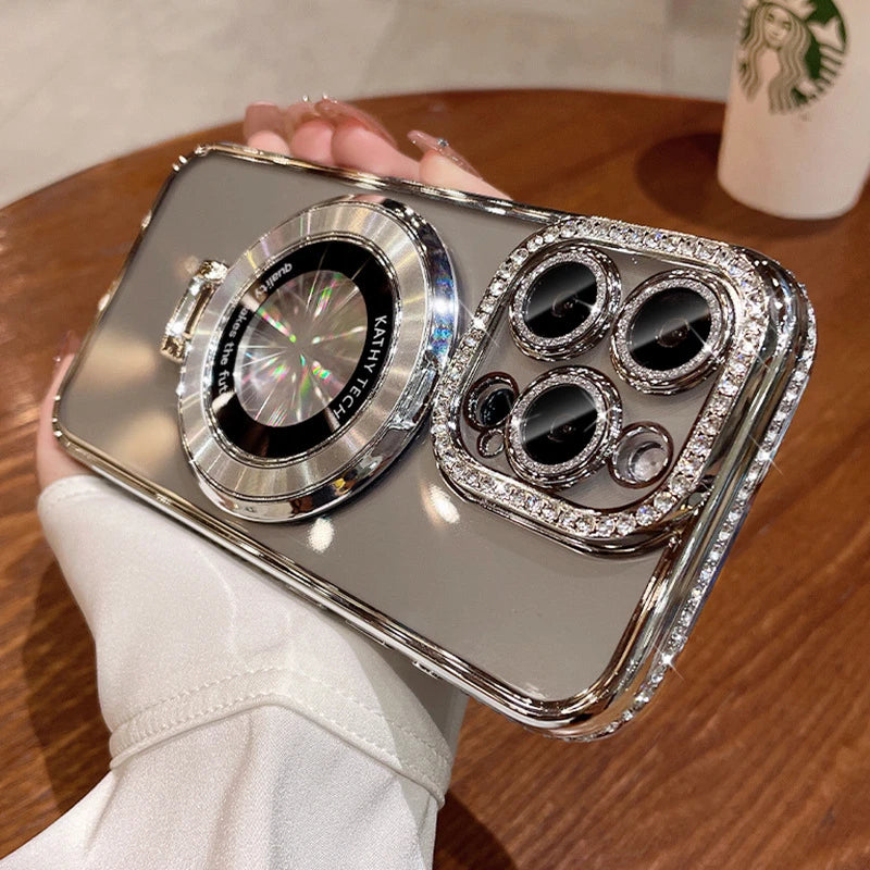 Glitter Diamond Luxury Plating Magsafe Stand Holder Soft Silicone Cover for iPhone Full Coverage Magnetic Case