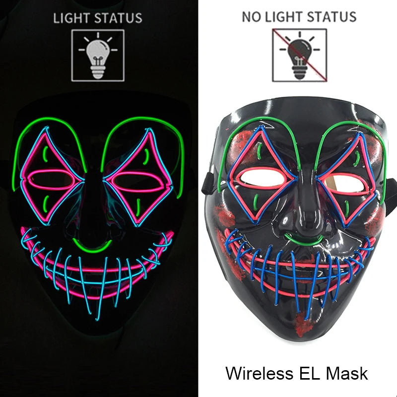 Neon LED Halloween Purge Mask Wireless Masquerade Party Light-up Horror Mask Glowing Multicolor Full Face Adult Mask for Halloween