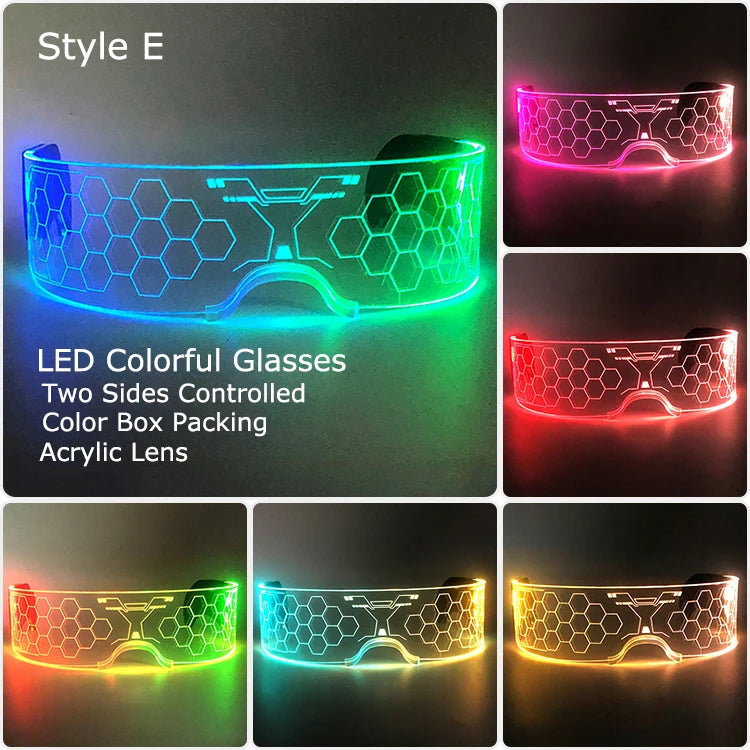 Acrylic LED Luminous Glasses Neon Light-Up Party Eyewear Unisex Glow Sunglasses for DJ Bar Halloween Christmas 12-Hour Glowing