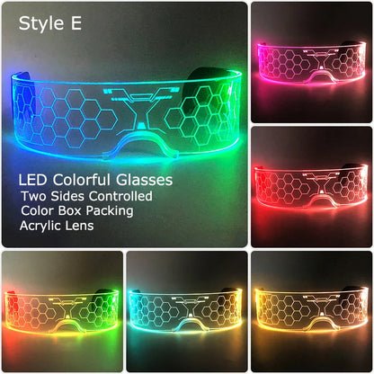 Acrylic LED Luminous Glasses Neon Light-Up Party Eyewear Unisex Glow Sunglasses for DJ Bar Halloween Christmas 12-Hour Glowing