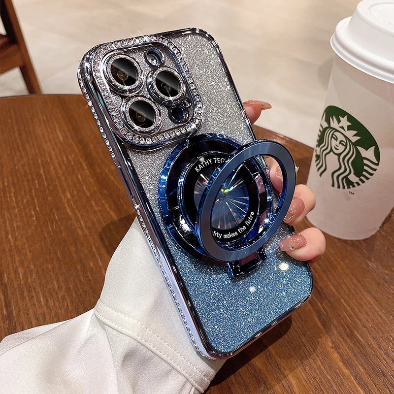 Glitter Diamond Luxury Plating Magsafe Stand Holder Soft Silicone Cover for iPhone Full Coverage Magnetic Case