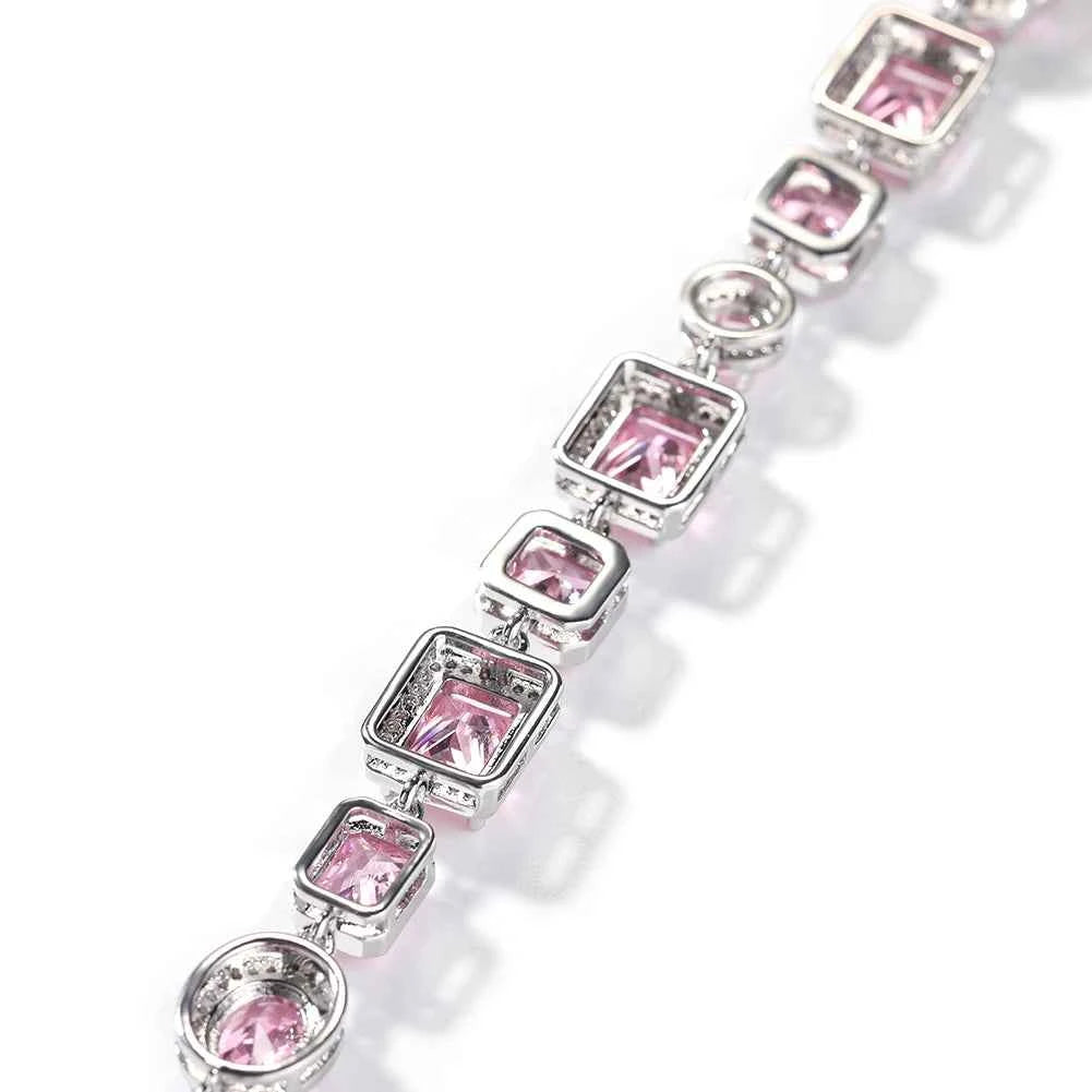 Iced Pink CZ Stones Tennis Bracelets with Extension for Women Slim Chain Bracelets