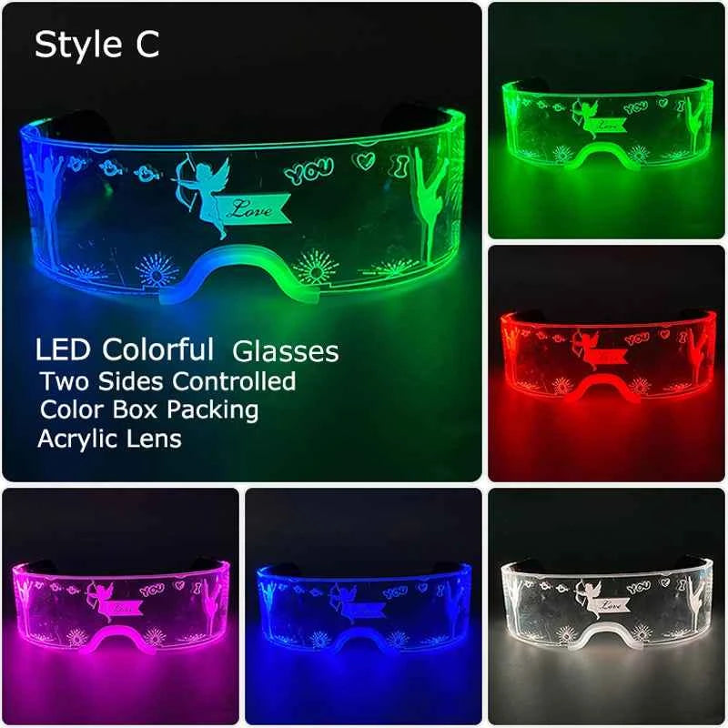 Acrylic LED Luminous Glasses Neon Light-Up Party Eyewear Unisex Glow Sunglasses for DJ Bar Halloween Christmas 12-Hour Glowing