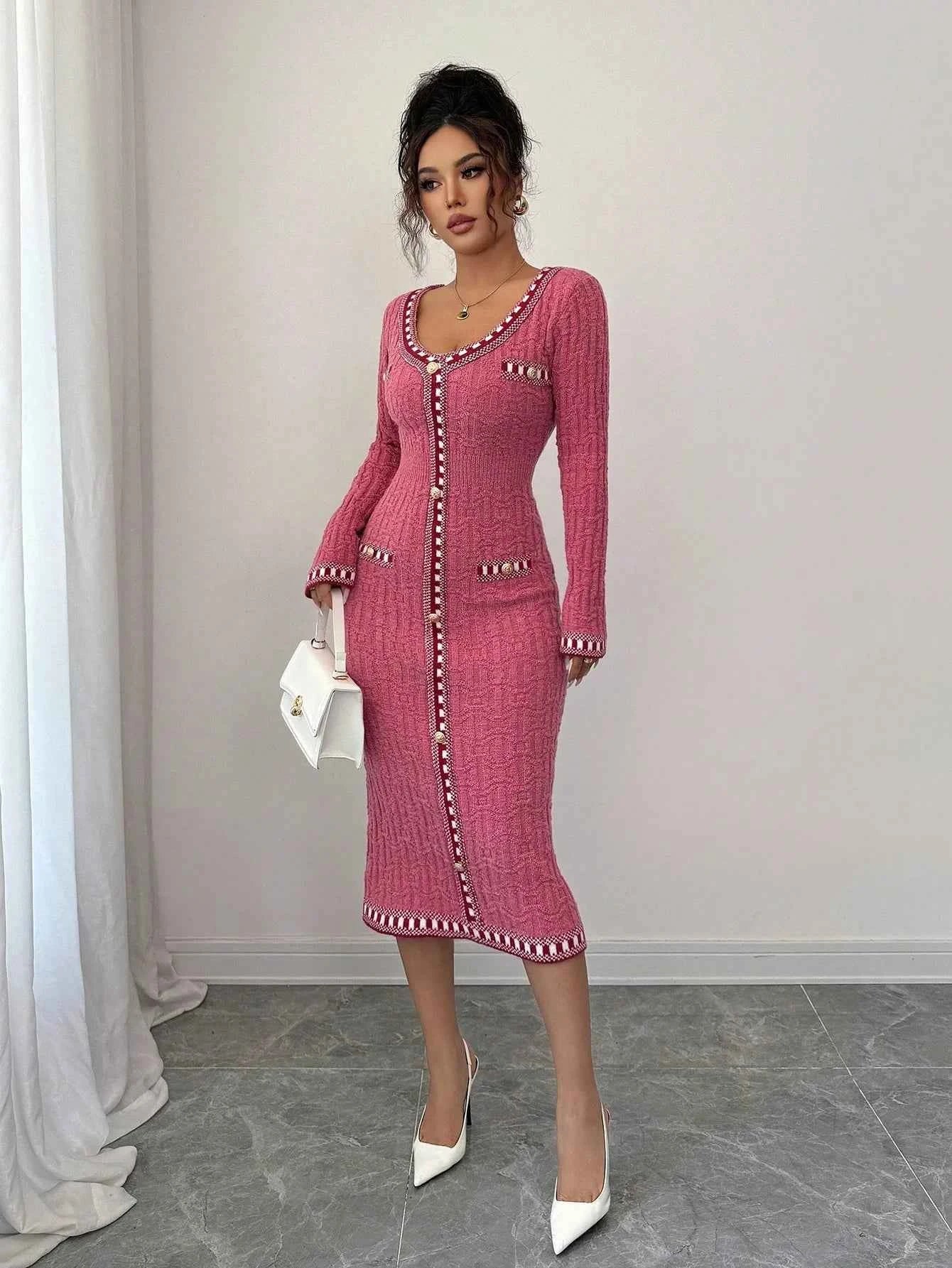 Pink Knit Long Sleeve Button-Up Dress