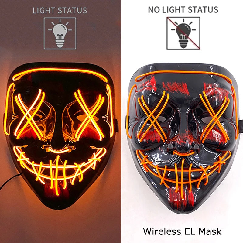 Neon LED Halloween Purge Mask Wireless Masquerade Party Light-up Horror Mask Glowing Multicolor Full Face Adult Mask for Halloween